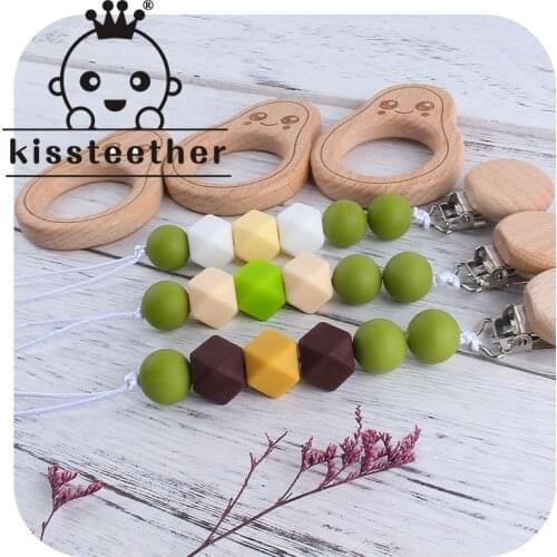 Kissteether Baby Beech Wooden Pacifier Clip Wooden Teether Baby Teething Toys Cartoon Avocado Pacifier Chain Baby Gifts