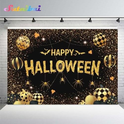 Happy Halloween Party Background Gold Spider Bat Pumpkin Balloon Bokeh Dots Black Backdrop Photography Background Studio Banner