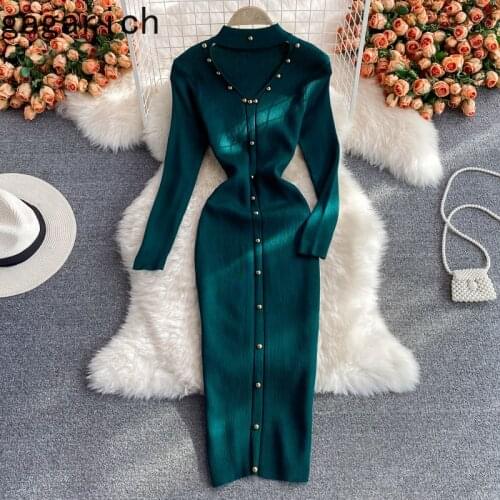 Gagarich Woman Chic Dresses 2021 Autumn Winter New Ins Fashion Long Sleeve Hanging Neck V-neck Bag Hip Stretch Knitting Vestidos