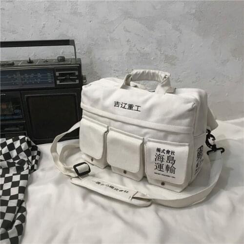 Canvas Letter Print Hip Hop Japan Style Multiple Pockets Shoulder Bags Messenger Package Travel Casual Student Men Bag Handbag