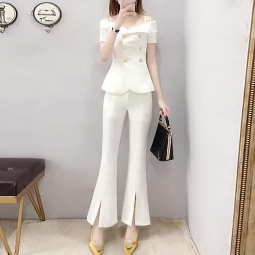 Quality womens Split ends suit pants fashion temperament sling Slash neck white Top jacket with bell bottom two-piece
