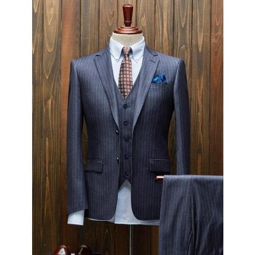 Wedding Dress Suit Men 2021 New Arrival Deep Blue Casual Stripe Blazer + Vest + Pant 3pcs Set Blazer+Pant 2PCS Sets Plus Size 58