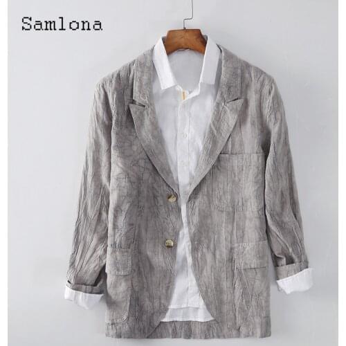 Samlona Linen Blazers Men Fashion Stripes Jacket Double Buttons Top Outerwear Autumn Pocket Design Blazers Mens Clothing 2021