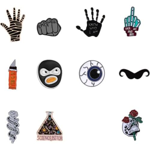 Fashion Feminism brooch Rose Mask Knife Enamel Pin Badge Palm Fist Strength Middle Finger I WANT Metal Badge Lapel Pins Jewelry
