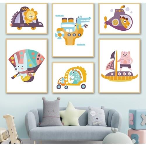 Cartoon Car Ship Rabbit Cat Lion Animal Wall Art Canvas Painting Nordic Posters And Prints Wall Pictures Baby Kids Room Decor