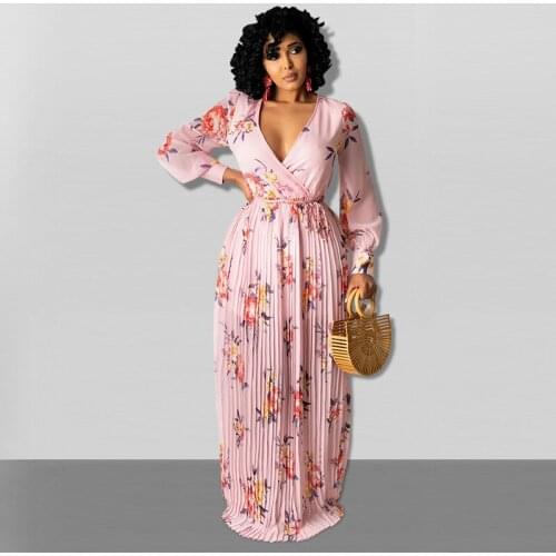 2021 New Arrival Famous Brand Dress Print Belt Ruched V-neck Long Sleeve Sexy Maxi Dress Vestidos