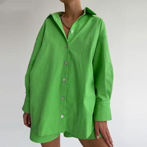 Casual Women Short Set Tracksuit Loungewear Solid Color Sexy 2-Piece Women Outfits Oversized Long Shirt and High Waist Shorts