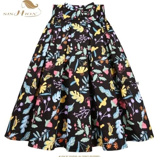 SISHION Plus Size 2021 Summer Floral Printed Black Skirt SS0012 2020 With Pockets Women Faldas Retro Vintage Swing Pleated Skirt
