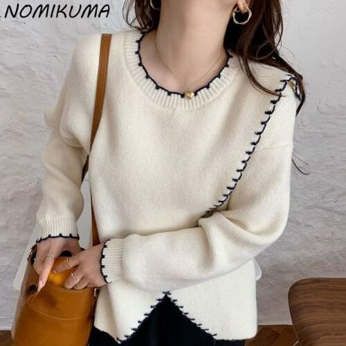 Nomikuma Causal Split Sweaters for Women Long Sleeve O-neck Hit Color Pull Femme 2021 Autumn Winter New Pullover Knitwear 6Z807