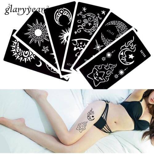 6 Pieces Henna Tattoo Stencil Template Moon Face Pattern Glitter Paste Drawing Back Body Art Women Makeup Tattoo Stencil S200#20