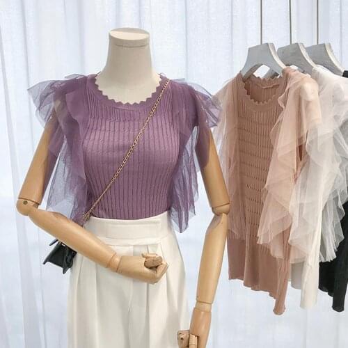 Feme 2020 Summer Vintage Ruffles Knitted Shirt Women Pullovers Butterfly Sleeves Streetwear Elegant Slim Tops Tees Clothes