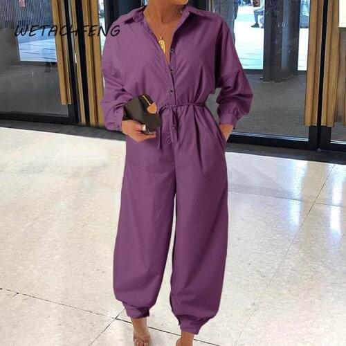 Womens Jumpsuits Purple Long Sleeve Casual Rompers Elegant Vintage 2021 One Piece Overalls Outfits Plus Size Bodysuits Clothing