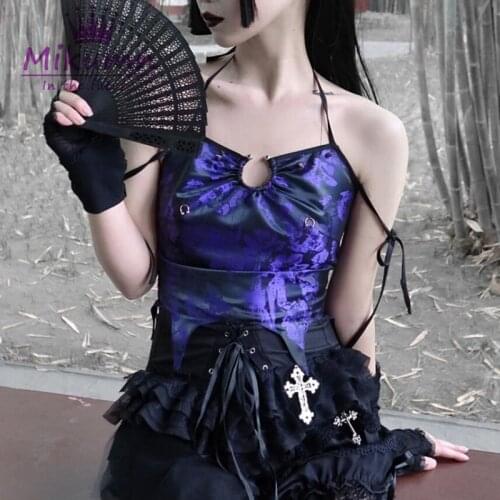 Gothic Metal Ring Rivet Halter Sleeveless Cami Vest Women Summer Sexy Asymmetric Crop Top