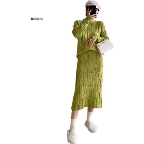 Women Knitted 2 Piece Set Thicken Warm Skirt Suit Long Sleeve Pullovers Sweater Solid Knit Turtleneck Winter Sweater New