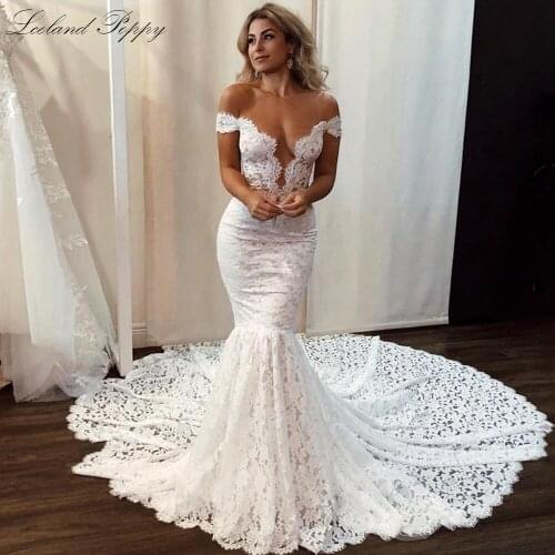 Lceland Poppy Off the Shoulder Mermaid Lace Wedding Dresses 2020 Sleeveless Illusion Vestido de Novia Bridal Gowns Chapel Train