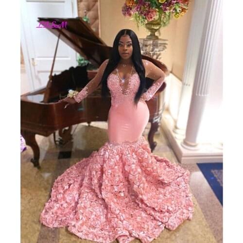 Pink Prom Dresses 2020 Sexy V-Neck Sheer Long Sleeve Bead Lace 3D Flower African Black Girl Mermaid Prom Dress Long Formal Gowns