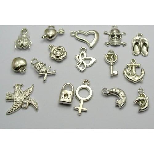 100 Assorted Silver-plate color Tone Metallic Acrylic Charm Pendants Dolphin Flower Key Anchor ect