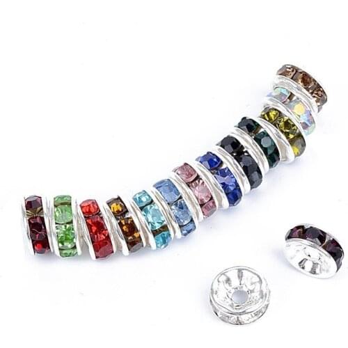 100pcs/lot 6 8 10mm Silver Color Rhinestone Rondelles Crystal Bead Loose Spacer Beads for DIY Jewelry Making Accessories Supplie