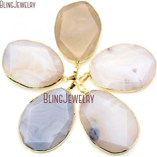 Milkly White Agates Pendant Grayish White Faceted Lace Agates Slice Pendant Charm with Gold Trim Neutral Pendant Charm PM18491