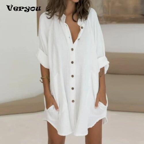 Casual Women Cotton Linen Shirts Blouse Elegant 2021 Summer Loose Single Breasted Tops Ladies New Fashion Irregular Long Blouses