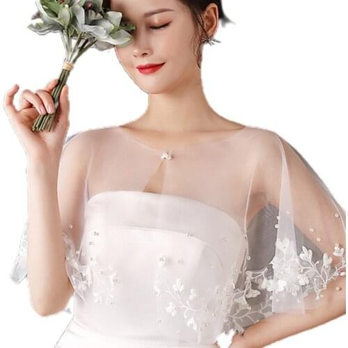 Floral Leaves Applique Shawl Wrap Shrug Pearls Beading Lace Bridal Tulle Cape Wedding Dress Buckle Front Bolero Cover Up