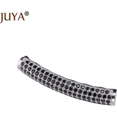 Long Curved Tube Beads For Jewelry Making High Quality Copper Metal Micro Pave Black Zircon Rhinestone Beads Accessories DIY