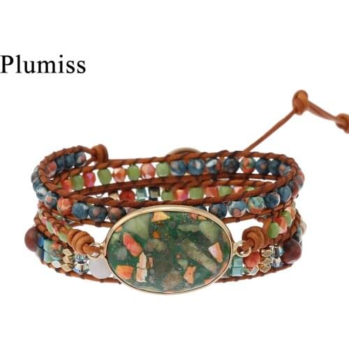 Ethnic Natural Stone Bracelets Crystal Hematite Jaspers Beads Chain Leather Wrap Bracelet for Women Handmade Jewelry Gift