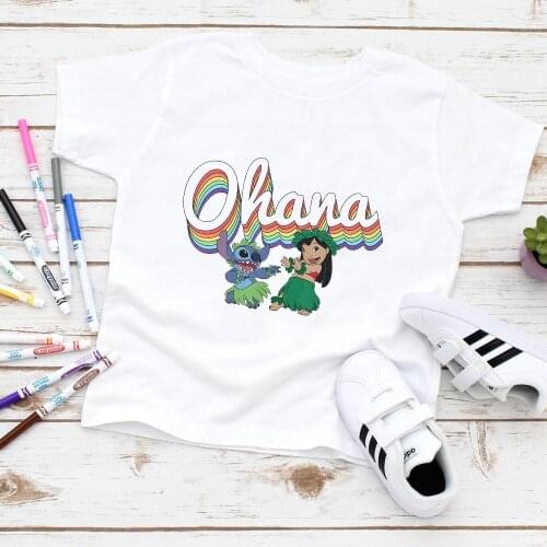 Disney Lilo & Stitch Pride Ohana Rainbow Print Tshirt Cartoon Teen Clothing Baby Boys Tops T Shirt Kids Children Tshirt