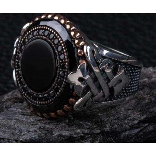 Round Black Onyx Silver Exclusive Rings for Men, Black, Handmade Ottoman Style Ring Made 925k in Turkey, Vintage Gift for him