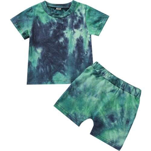 2Pcs Kid Boys Outfit Summer Toddlers Round Collar Random Dyeing Printing Short Sleeve Top + Casual Shorts Set