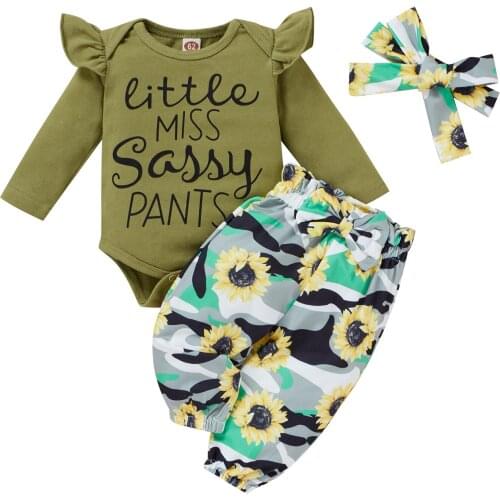 Baby Girls Clothes Set, Letter Print Long Sleeve O-neck Romper+Sunflower Print Trousers+Headband
