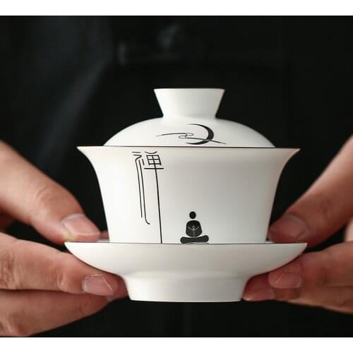 Creative Matte White Ceramic Tasting Tea Cup and Saucer Set Proverbs Sancai Gaiwan Tea Bowl