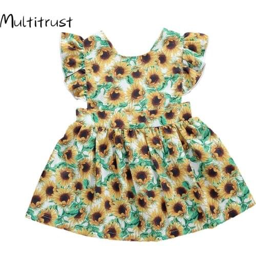 Multitrust Little Girls Summer Princess Dress, Children Sweet Style Sunflower Printing Lace Sleeve Round Collar Travel Vacation