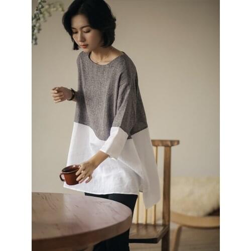 Linen stitching top 2021 summer new womens loose medium and long design feeling contrast color covering T-shirt210589