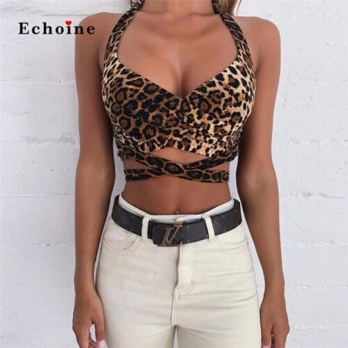Sexy Cross Strap Tank Tops Overlay Low Cut Backless Leopard Print Women Sleeveless Halter Bandage Lace Up Camisole Vest Clothes