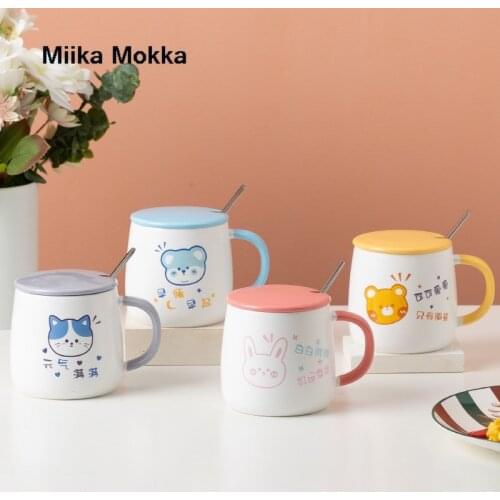 Cartoon Ceramic Mug Cute Cat Bear Bunny Cup with Lid and Spoon Coffee Cup Home Milk Tea Cup Breakfast Cup Drink Cute Gift