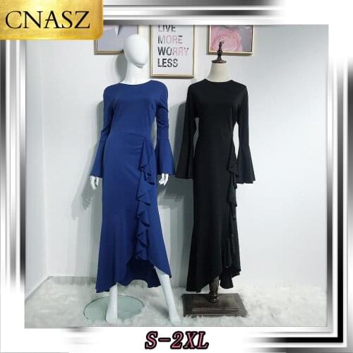 Muslim Turkish Dubai Clothing Best Selling Solid Color Ruffled Fishtail Bag Hip Long Dress Abayas Islamic Long Sleeve Dress
