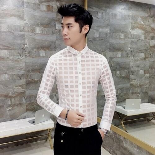 Spring New Shirt Men 2019 Korean Slim Fit Lace Men Plaid Shirts Casual Long Sleeve Night Club Transparent Shirt Social Male 3XL