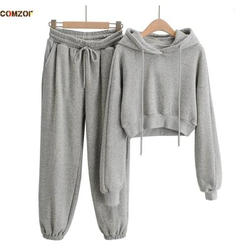 Autumn winter women fleece cropped hoodie+pants two piece set long sleeve crop top casual clothing woman tracksuit sets