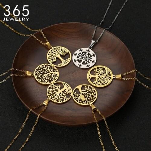 Hot Tree of Life Crystal Necklace Stainless Steel Round Gold Pendant Collier Bijoux Elegant Women Girl Jewelry Gift Dropshipping