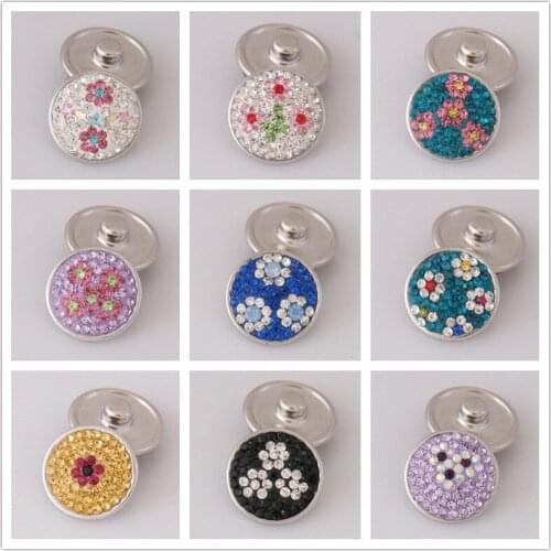 Fashion Charming trendy Colorful Flowers pattern rhinestone 18MM charm snap buttons for DIY snap jewelry necklace