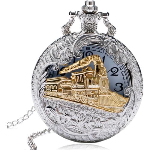 Luxury Vintage Silver Gold Train Hollow Quartz Necklace Pocket Watch Chain Pendant Clock Gifts for Men Women 2020 Top Watch Man