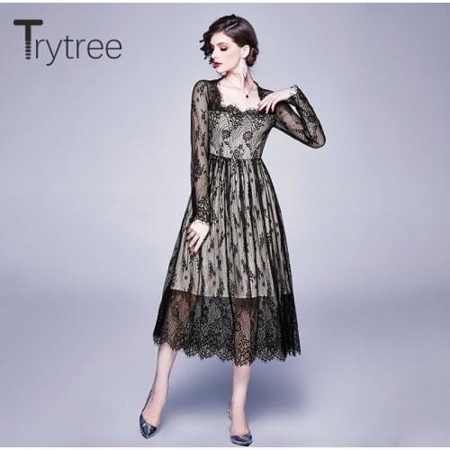 Trytree 2020 Spring Women Dress Casual Square Collar Mid-Calf Lace A-line Print Zipper Fashion Elegant Green Mid-Calf Dress