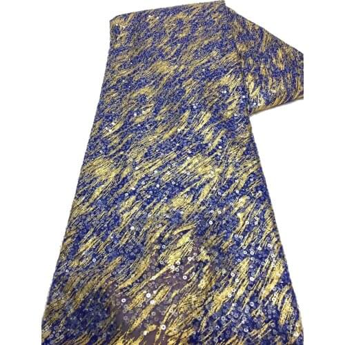 5yards/pc) Newest gold royal blue African tulle lace bling bling sequins and beads embroidered French net lace for party FZX116