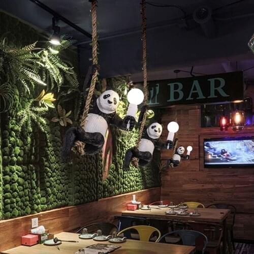 Vintage Resin Panda Pendant Lights Loft hanging Light Fixture Hemp Rope Hanging Lamp Restaurant Home Decor luminaire suspension