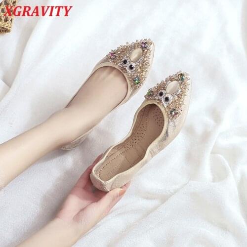 XGRAVITY Branded Women Fashion Flat Shoes Elegant Bee Design Rhinestone Flats Comfort Ladies Loafer Pointed Toe Shoes Owl Shoes