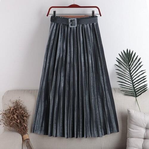 2020 New Fashion Autumn Winter High Waist Women Elastic waist Ladies Pleated Golden velvet Stitching belt All-match Skirt