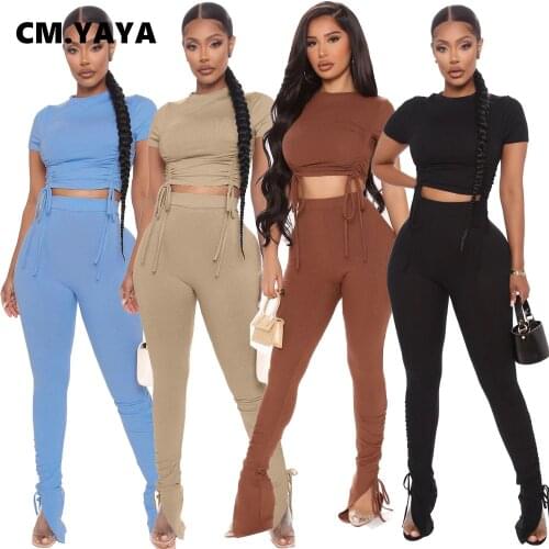CM.YAYA Women Pants Set Skinny Elastic Solid Short Sleeve Shirring Crop Tops High Waist Full Length Pencil Pants 2 Piece Sets