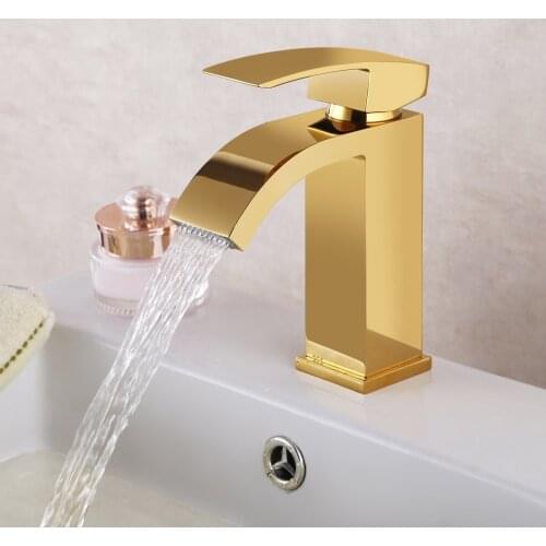 Gold Lead-Free solid brass copper Waterfall Vanity Sink Faucet golden Basin mixer tap with Rectangular Spout for Lavatory