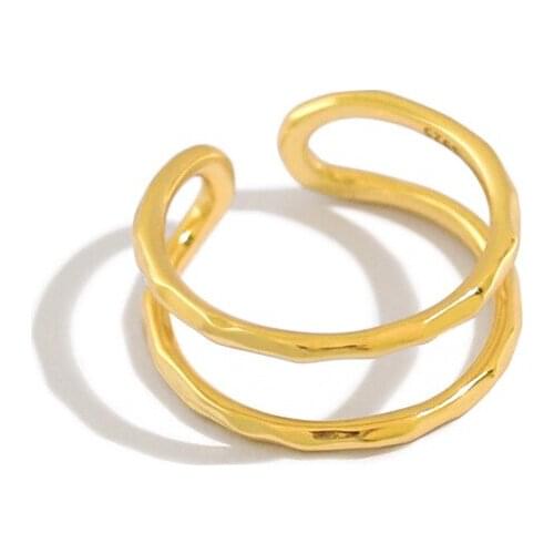 1PC 100% Authentic 925 Sterling Silver Fine Jewelry white/gold hammered Double Rows Hollow Ring Wider Design Adjust TL J1257